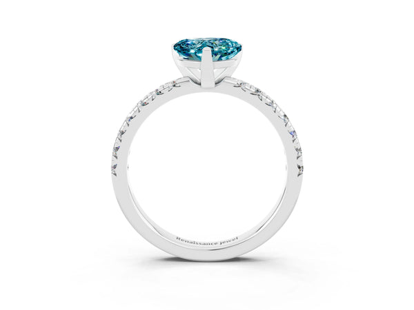 Platinum Heart Cut Blue Topaz Solitaire Pavé Engagement Ring with Round Band and Prong Setting