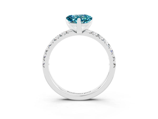 Platinum Heart Cut Blue Topaz Solitaire Pavé Engagement Ring with Round Band and Prong Setting
