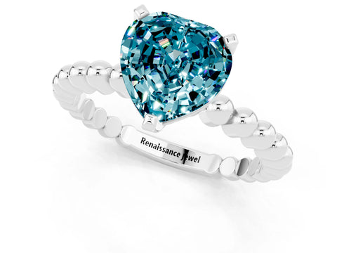 White gold Heart Cut Blue Topaz Solitaire Ring with Beaded Band and Prong Setting_1