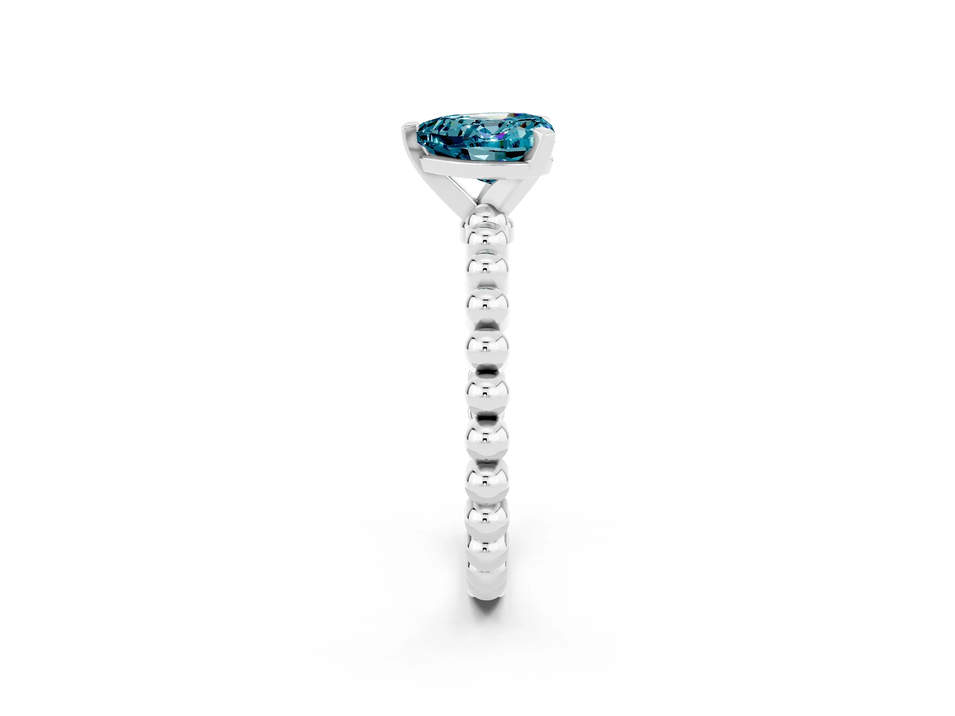 White gold Heart Cut Blue Topaz Solitaire Ring with Beaded Band and Prong Setting_2