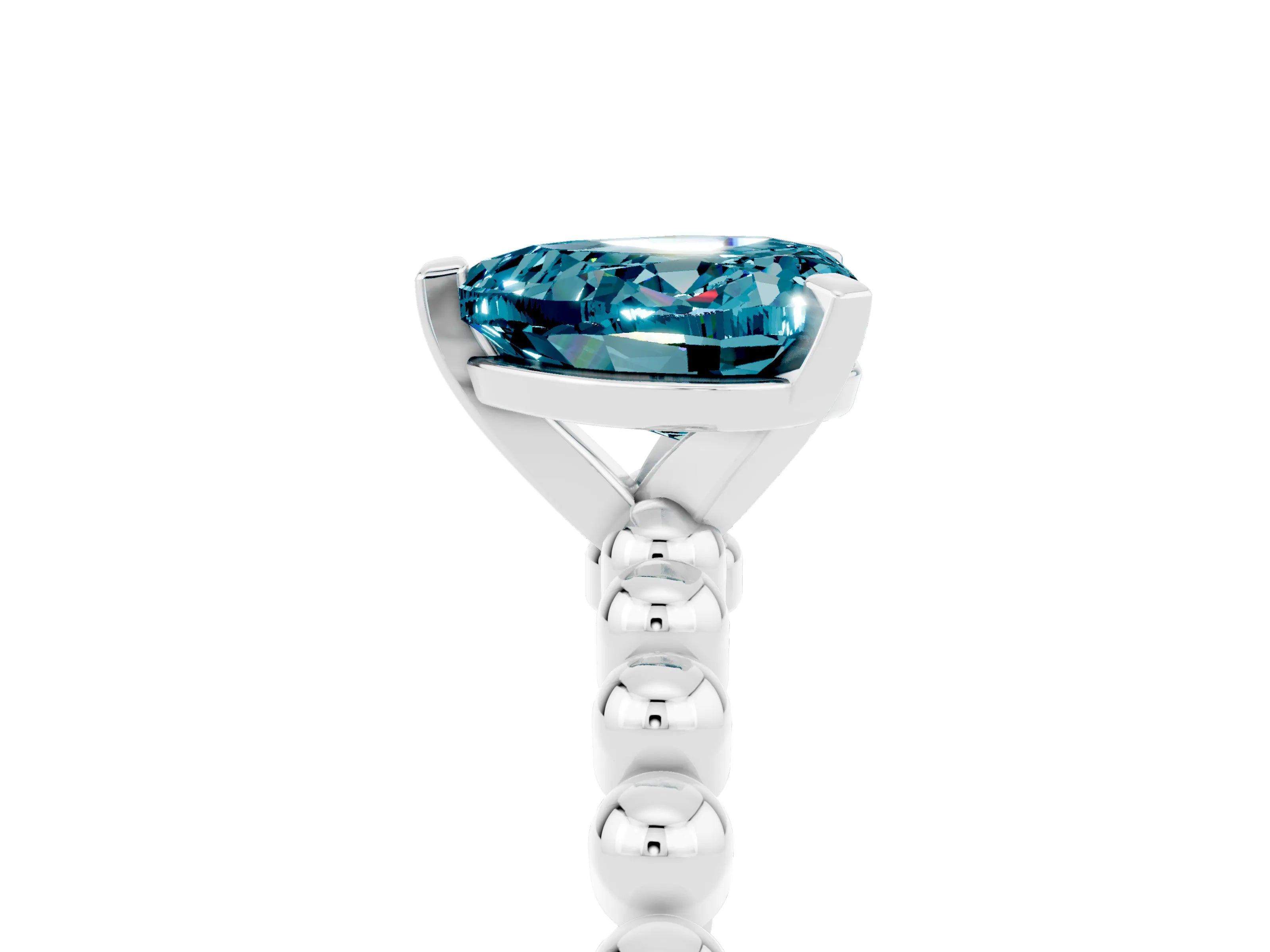 White gold Heart Cut Blue Topaz Solitaire Ring with Beaded Band and Prong Setting_5