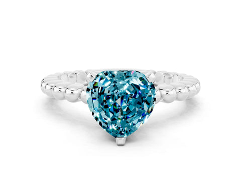 White gold Heart Cut Blue Topaz Solitaire Ring with Beaded Band and Prong Setting