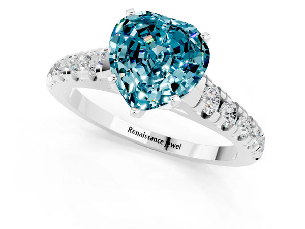 White gold Heart Cut Blue Topaz Cathedral Solitaire Ring with Round  Pavé Band