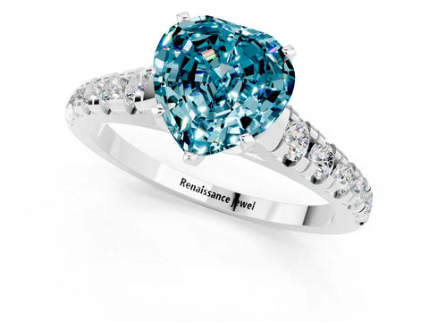White gold Heart Cut Blue Topaz Solitaire Ring with Cathedral Setting and Pavé Band_1