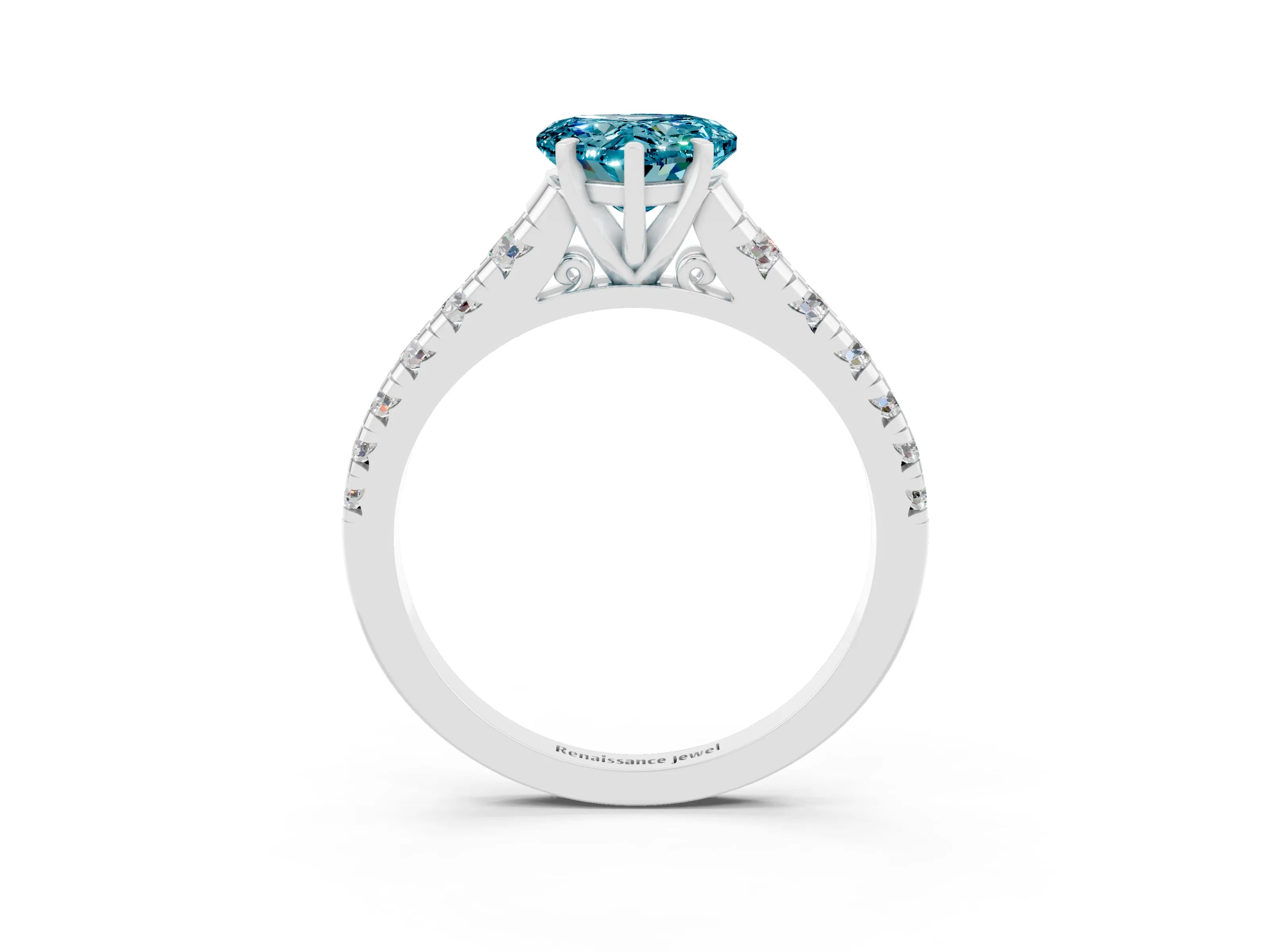 White gold Heart Cut Blue Topaz Solitaire Ring with Cathedral Setting and Pavé Band_3