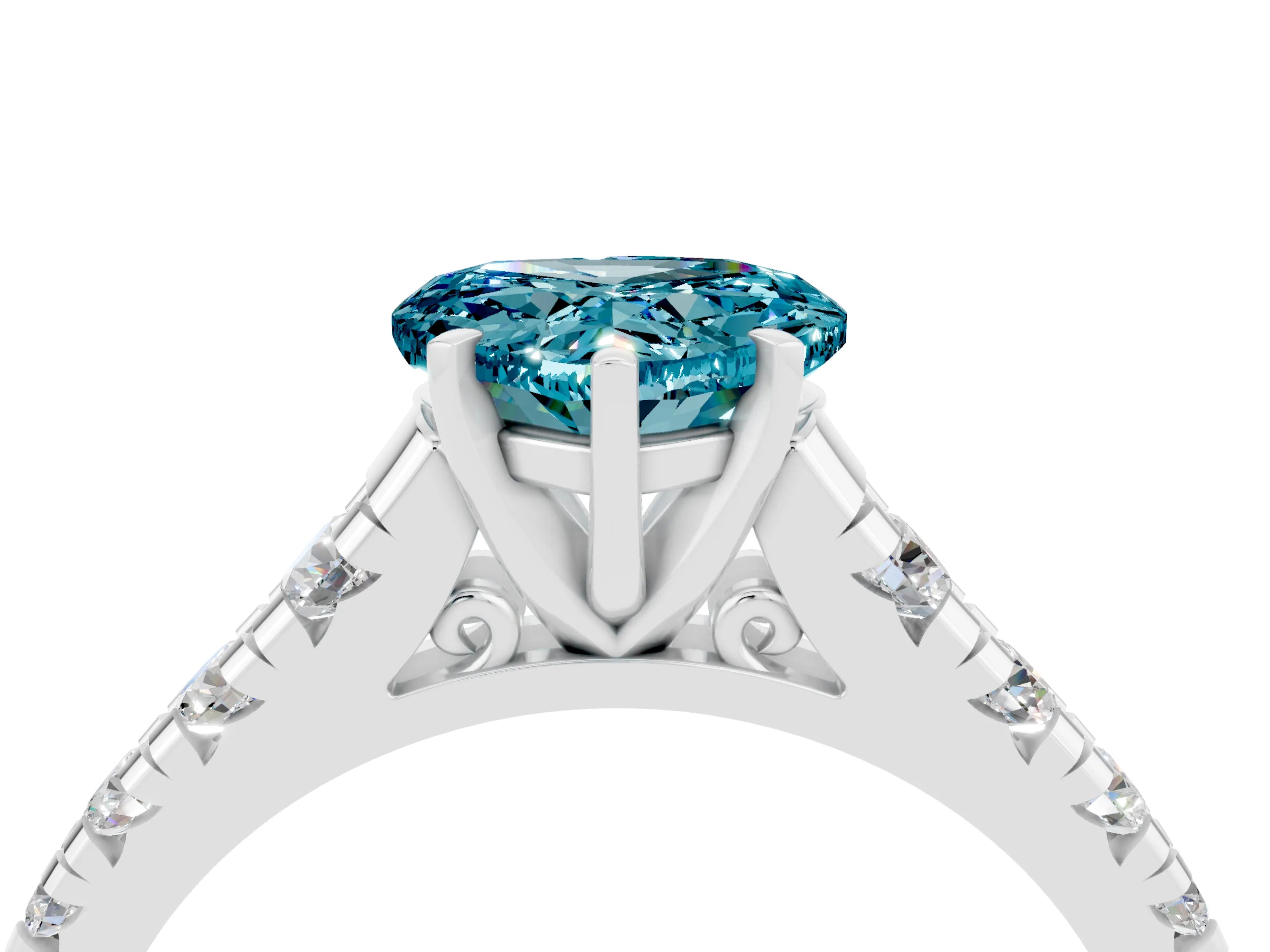 White gold Heart Cut Blue Topaz Solitaire Ring with Cathedral Setting and Pavé Band_4