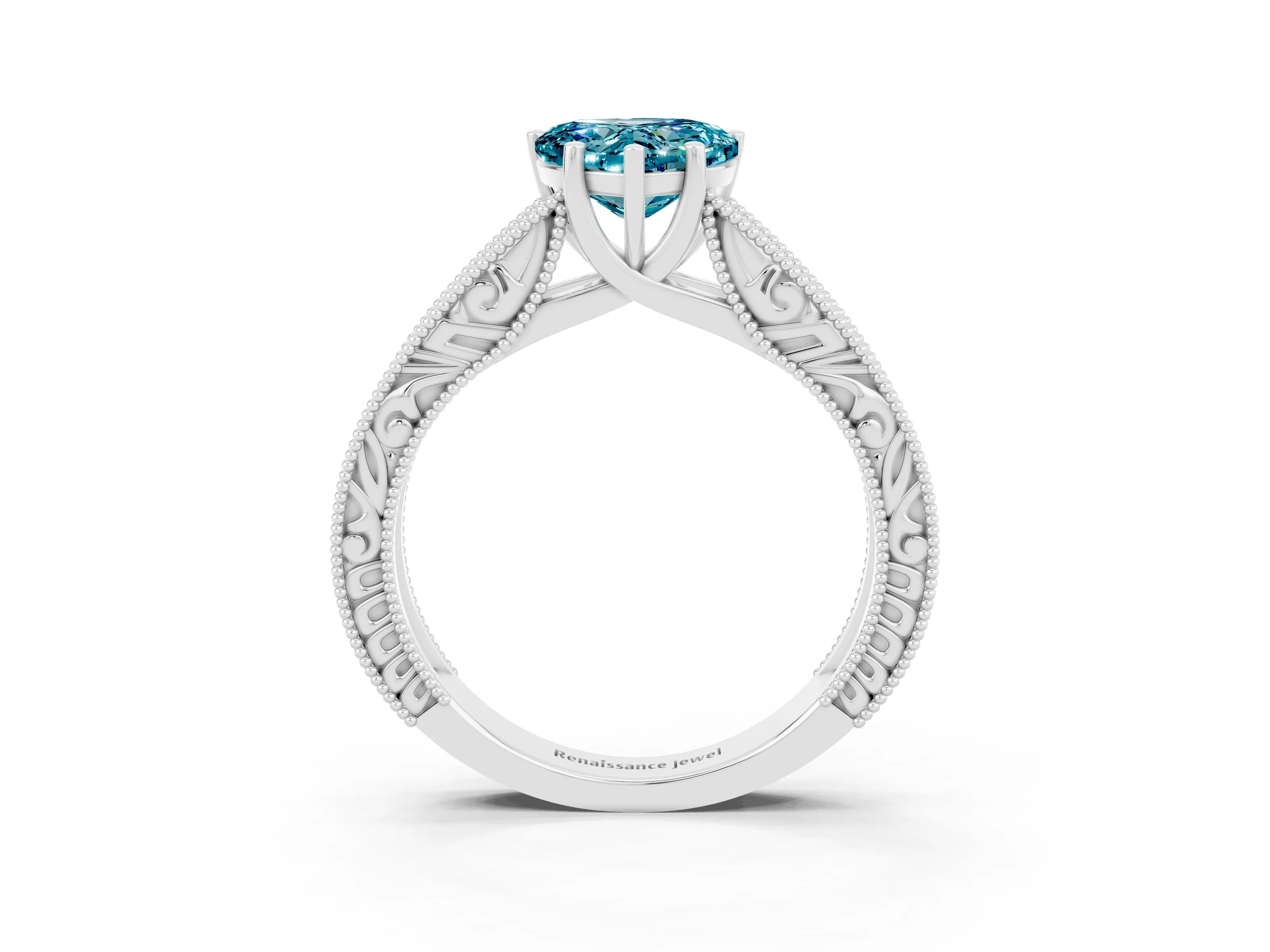 White gold Heart Cut Blue Topaz Solitaire Ring with Engraved Band and Four-Prong Setting_3