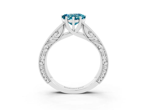 White gold Heart Cut Blue Topaz Solitaire Ring with Engraved Band and Four-Prong Setting_3
