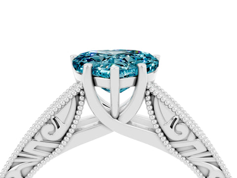 White gold Heart Cut Blue Topaz Solitaire Ring with Engraved Band and Four-Prong Setting_4