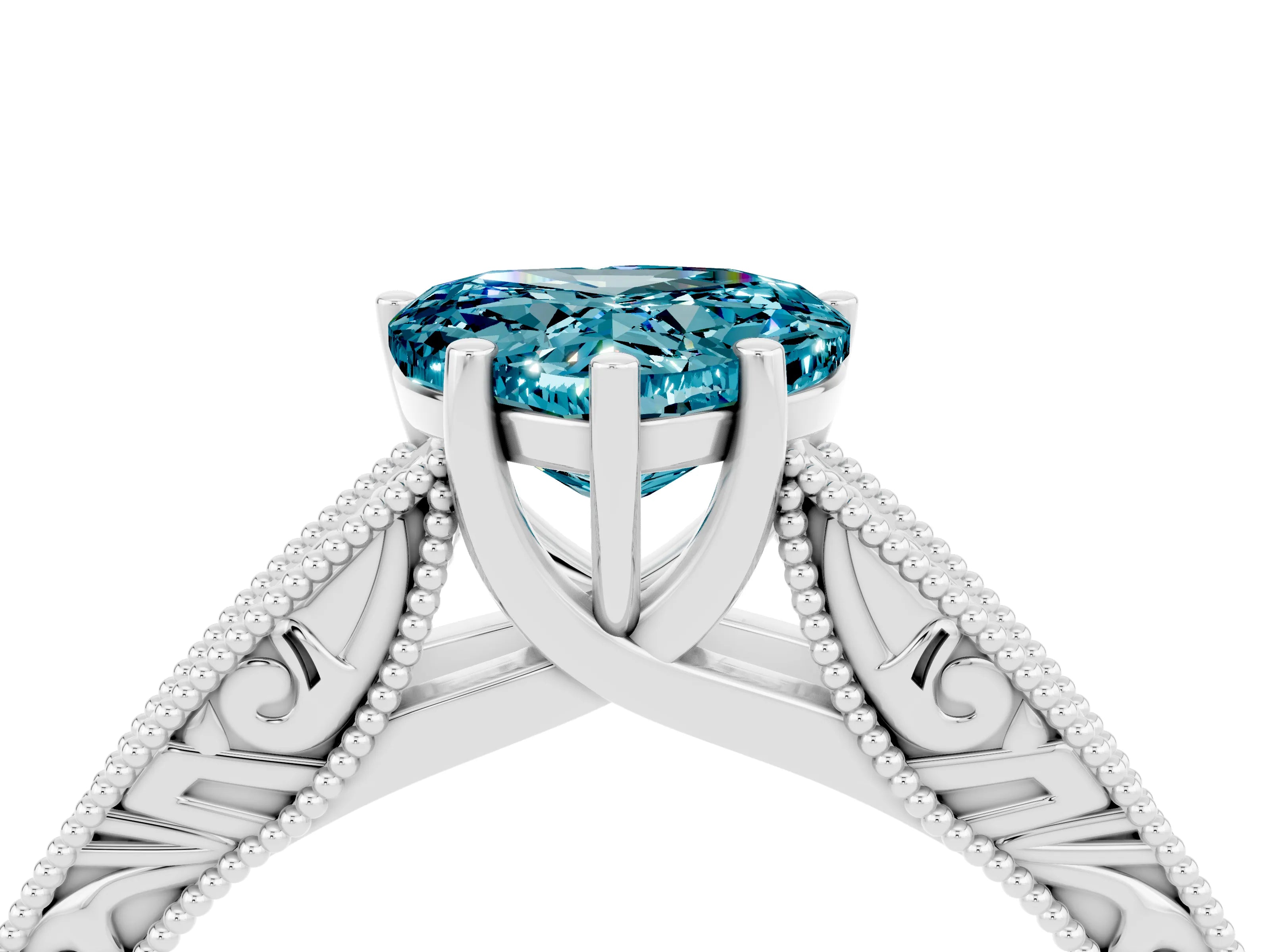 White gold Heart Cut Blue Topaz Solitaire Ring with Engraved Band and Four-Prong Setting_4