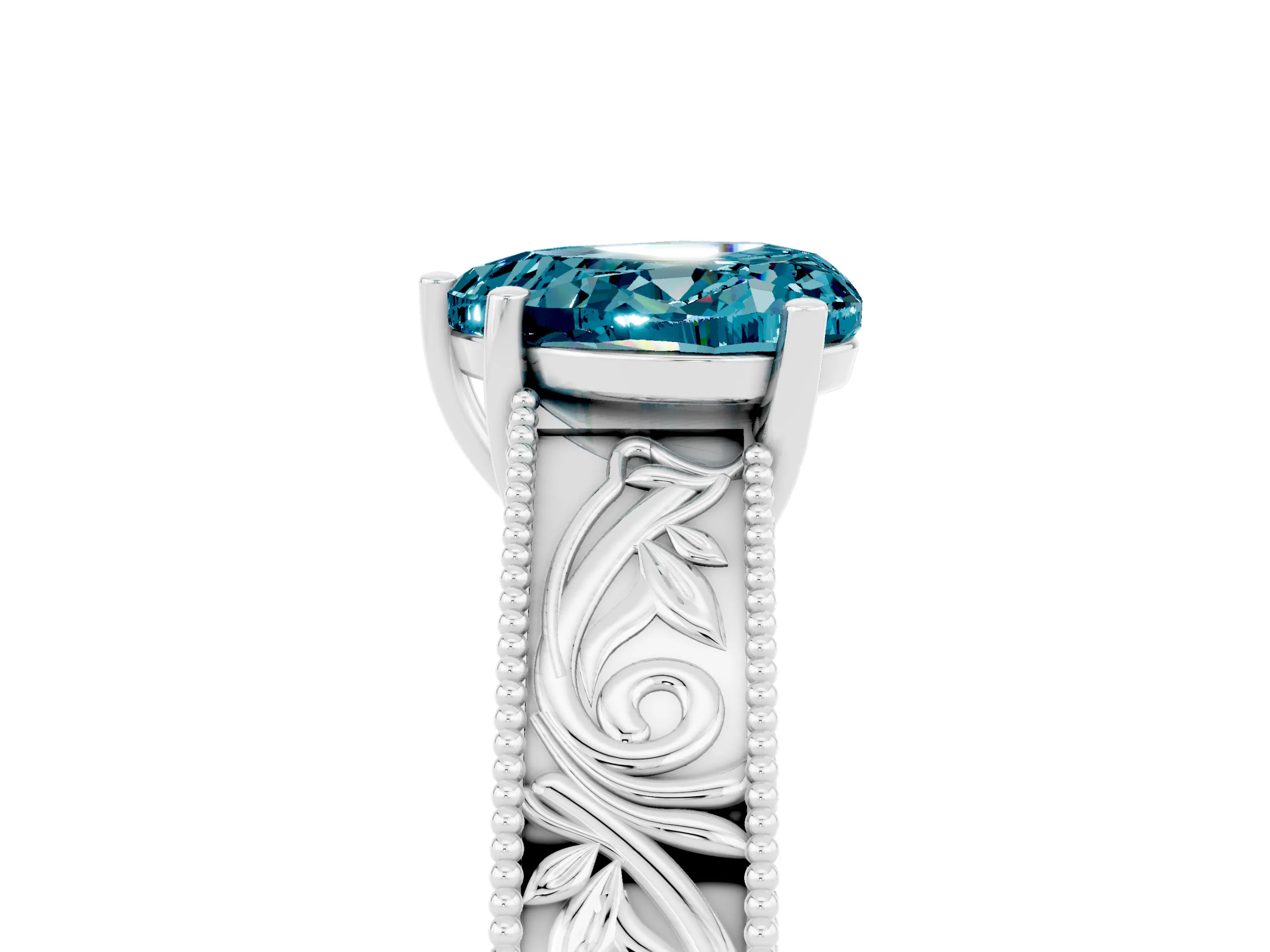 White gold Heart Cut Blue Topaz Solitaire Ring with Engraved Band and Four-Prong Setting_5