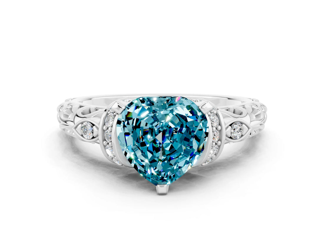 White gold Heart Cut Blue Topaz Solitaire Ring with Filigree Band and Four-Prong Setting_24