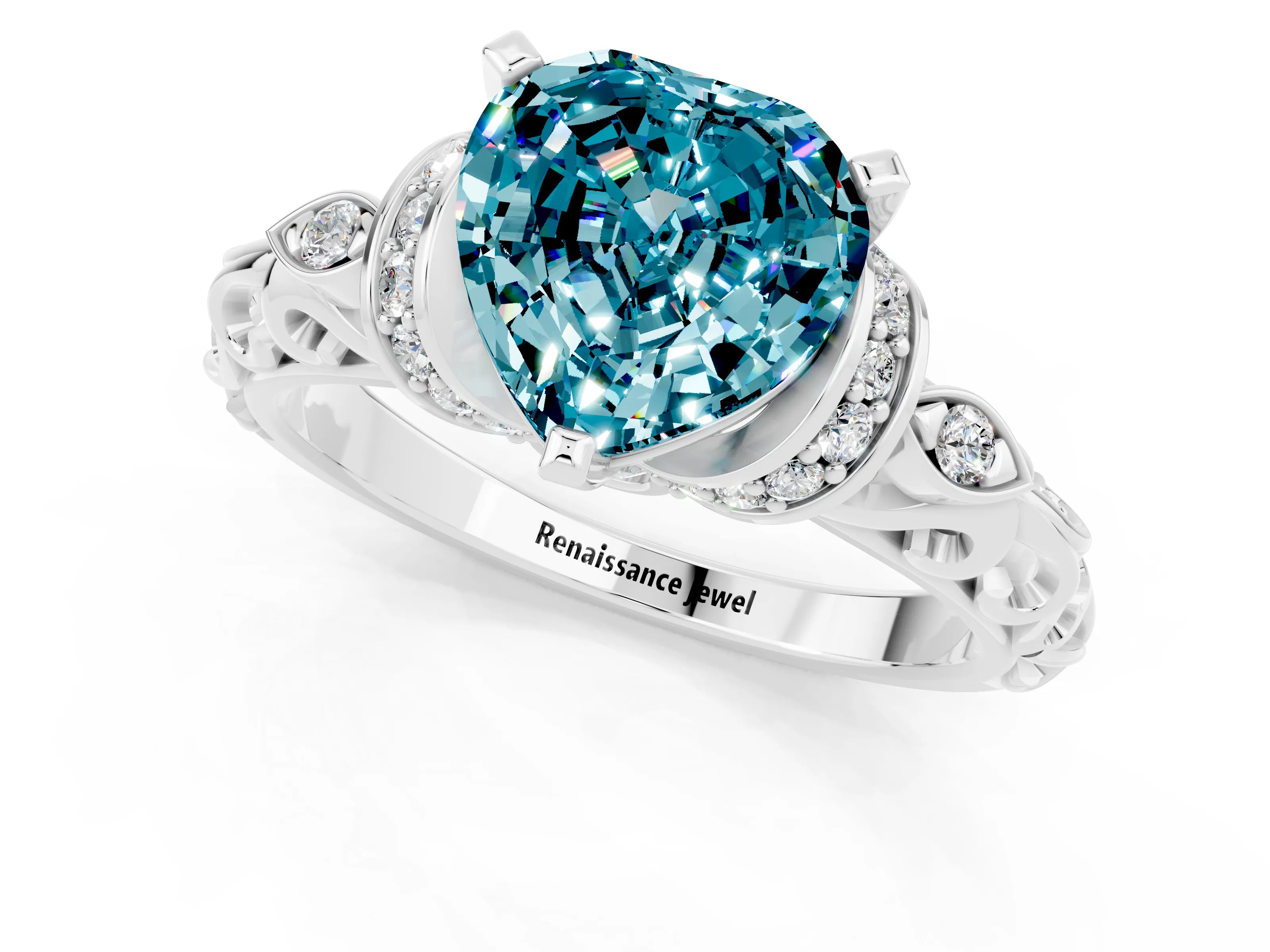 White gold Heart Cut Blue Topaz Solitaire Ring with Filigree Band and Four-Prong Setting_25