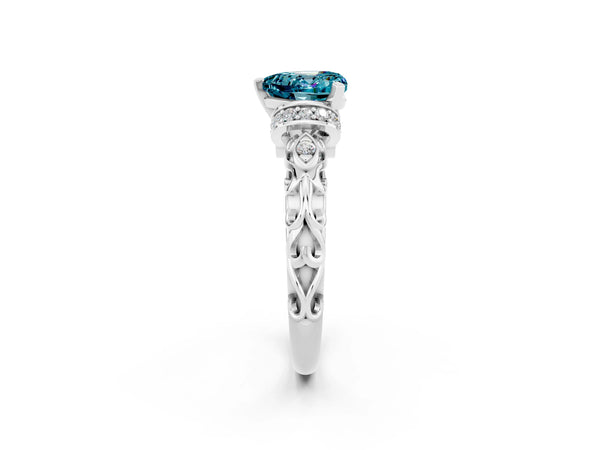 Silver Heart Cut Blue Topaz Solitaire Ring with Filigree Band and Four-Prong Setting