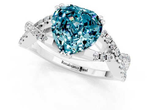 White gold Heart Cut Blue Topaz Solitaire Ring with Four-Prong Setting and Twisted Pavé Band_1