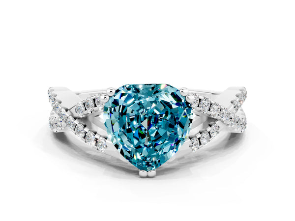 White gold Heart Cut Blue Topaz Solitaire Ring with Four-Prong Setting and Twisted Pavé Band