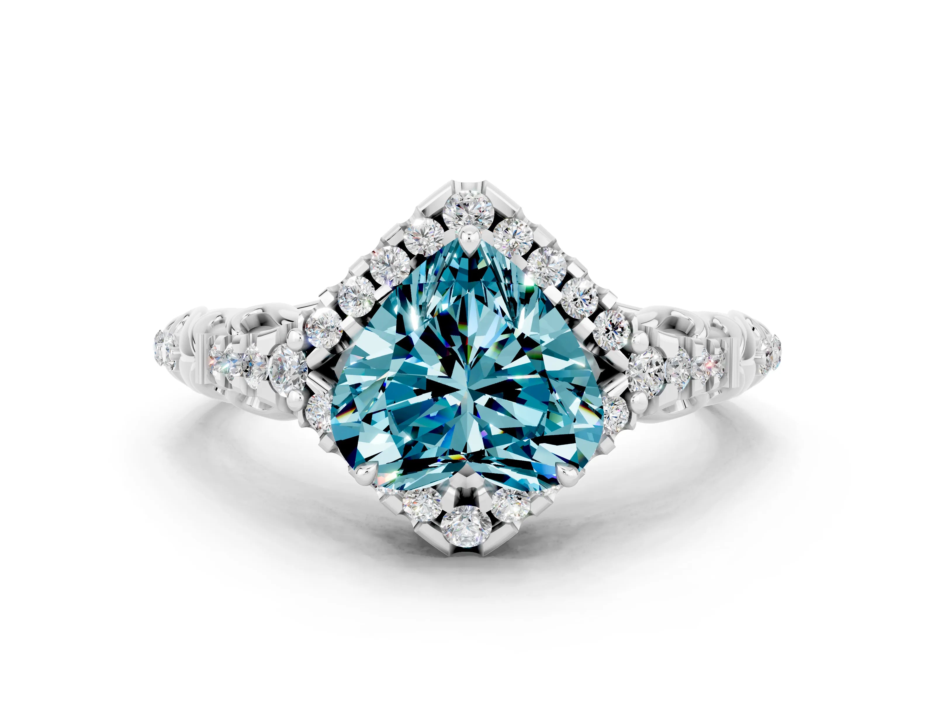 White gold Heart Cut Blue Topaz Solitaire Ring with Hidden Halo and Pavé Band_12