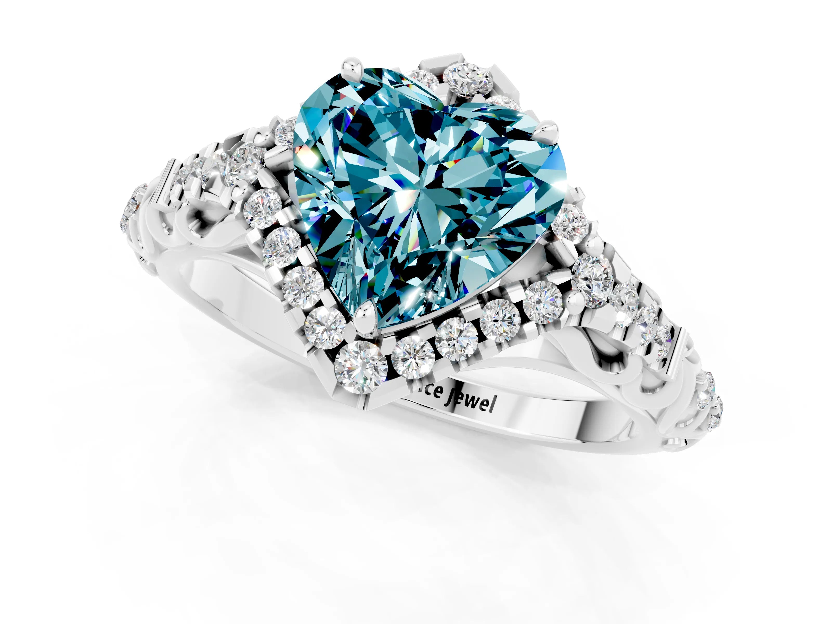 White gold Heart Cut Blue Topaz Solitaire Ring with Hidden Halo and Pavé Band_13