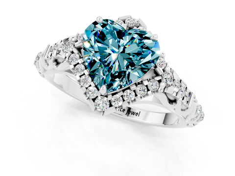 White gold Heart Cut Blue Topaz Solitaire Ring with Hidden Halo and Pavé Band_13