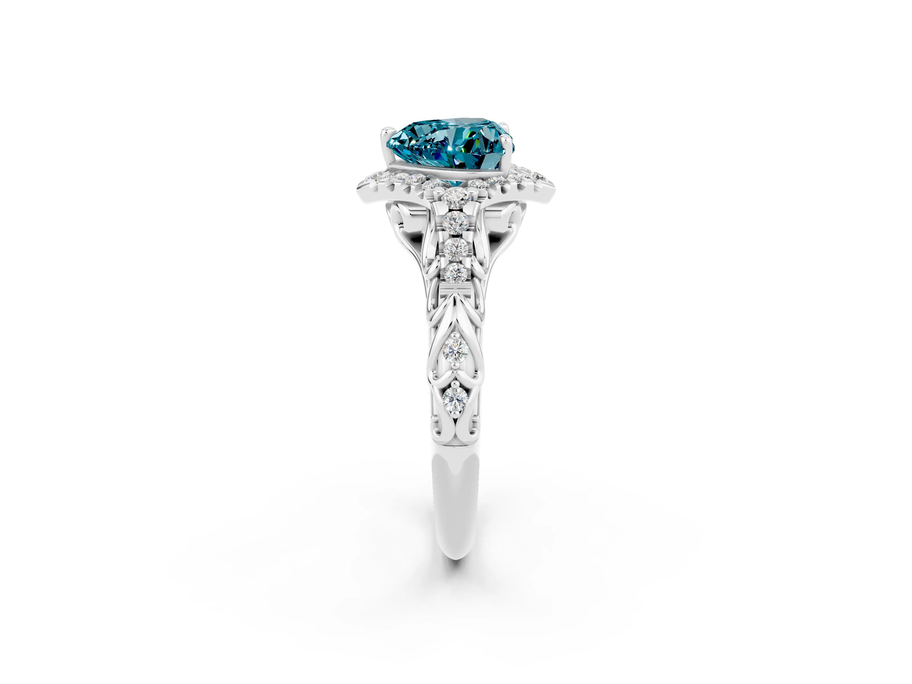 White gold Heart Cut Blue Topaz Solitaire Ring with Hidden Halo and Pavé Band_14