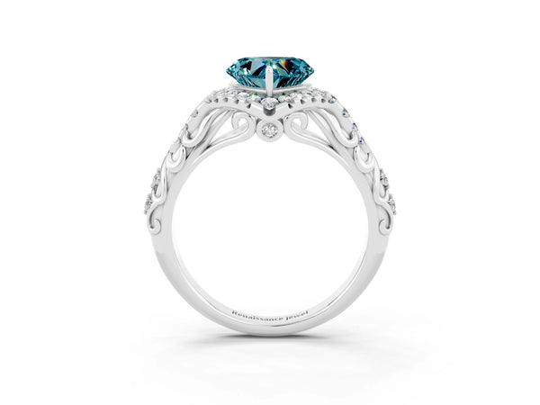 Platinum Heart Cut Blue Topaz Solitaire Ring with Hidden Halo and Pavé Band
