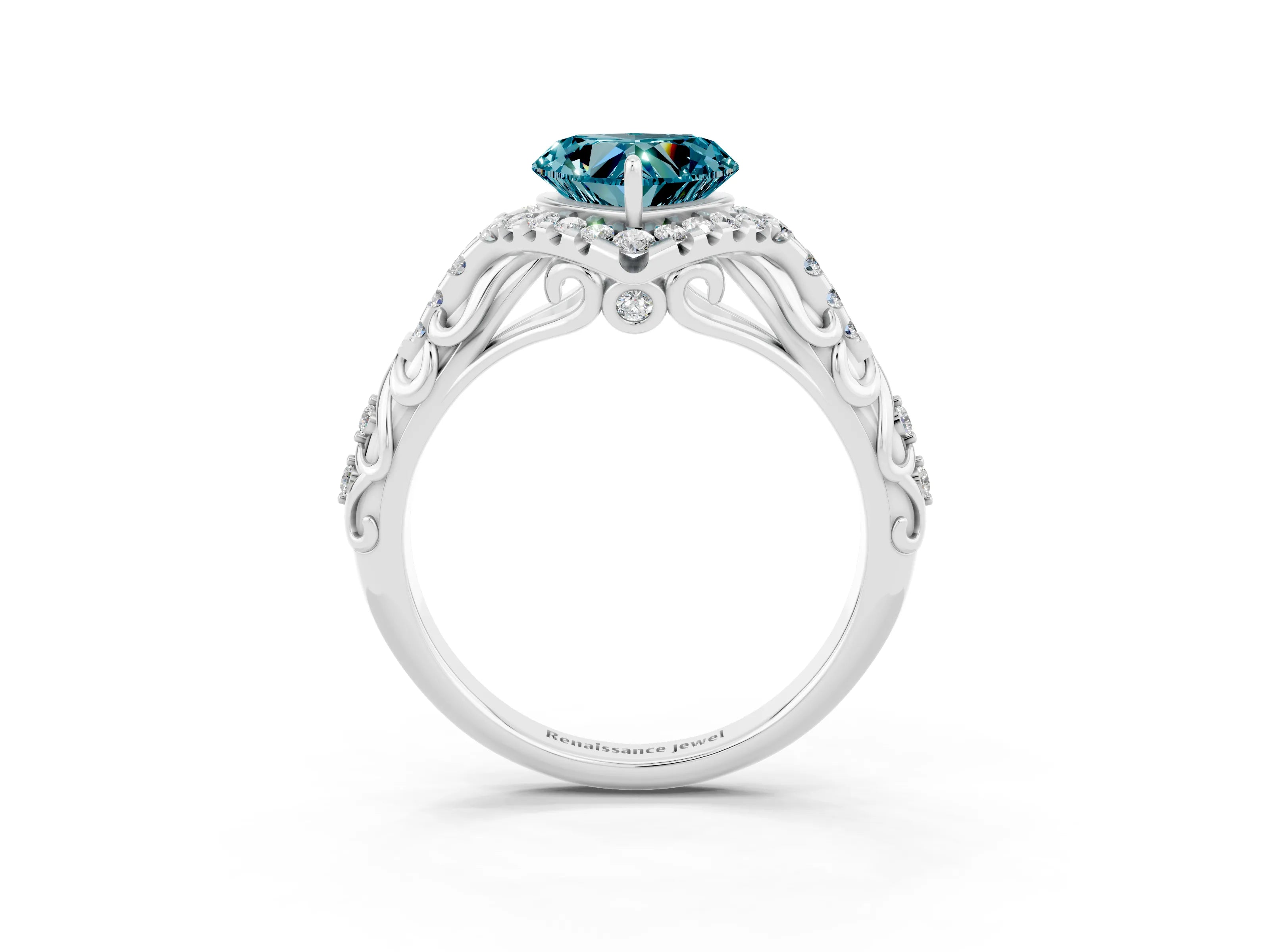 White gold Heart Cut Blue Topaz Solitaire Ring with Hidden Halo and Pavé Band_15
