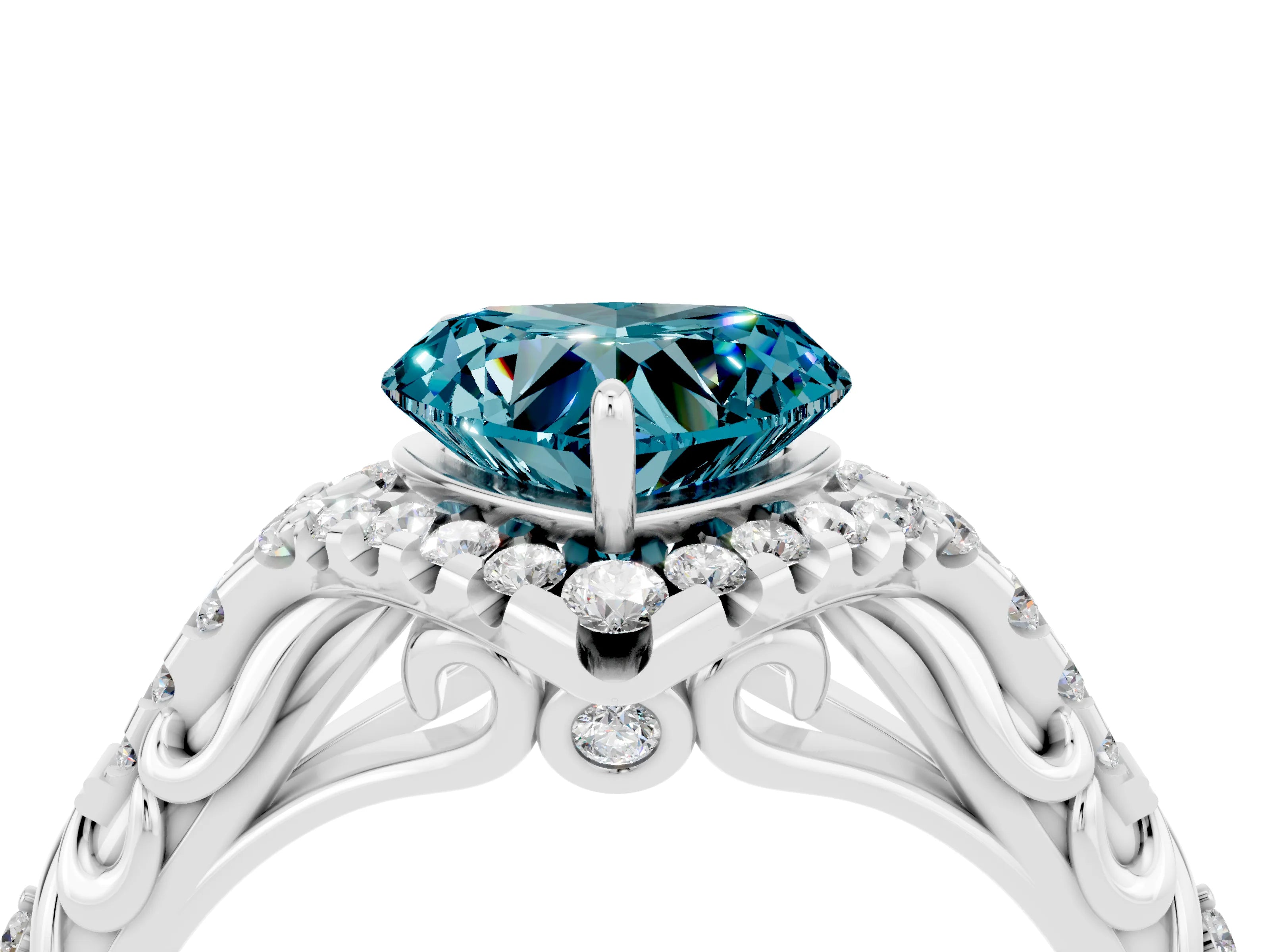 White gold Heart Cut Blue Topaz Solitaire Ring with Hidden Halo and Pavé Band_16