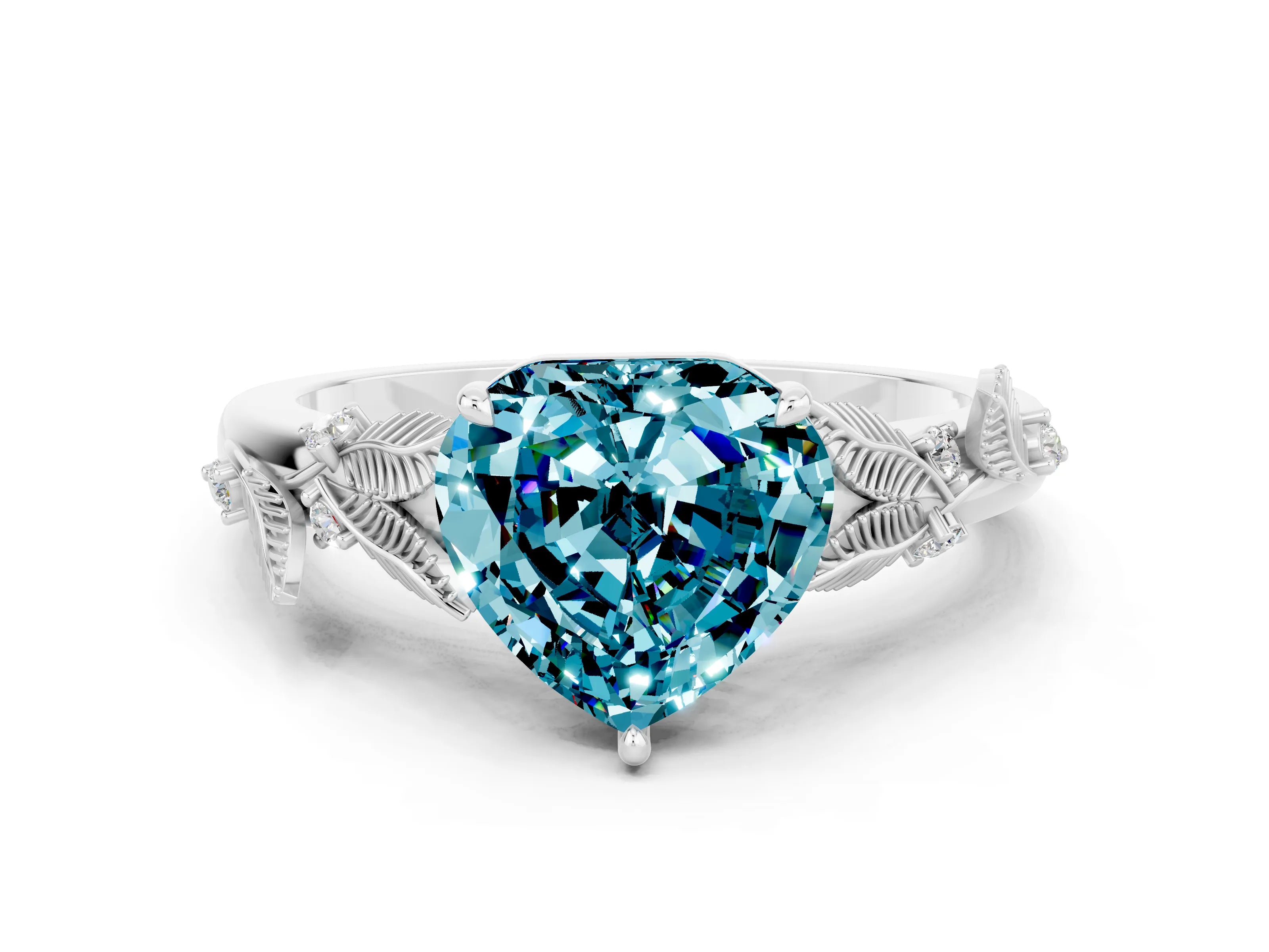 White gold Heart Cut Blue Topaz Solitaire Ring with Leaf Motif Band and Four-Prong Setting