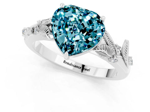 White gold Heart Cut Blue Topaz Solitaire Ring with Leaf Motif Band and Four-Prong Setting_1