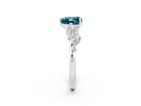 White gold Heart Cut Blue Topaz Solitaire Ring with Leaf Motif Band and Four-Prong Setting_2