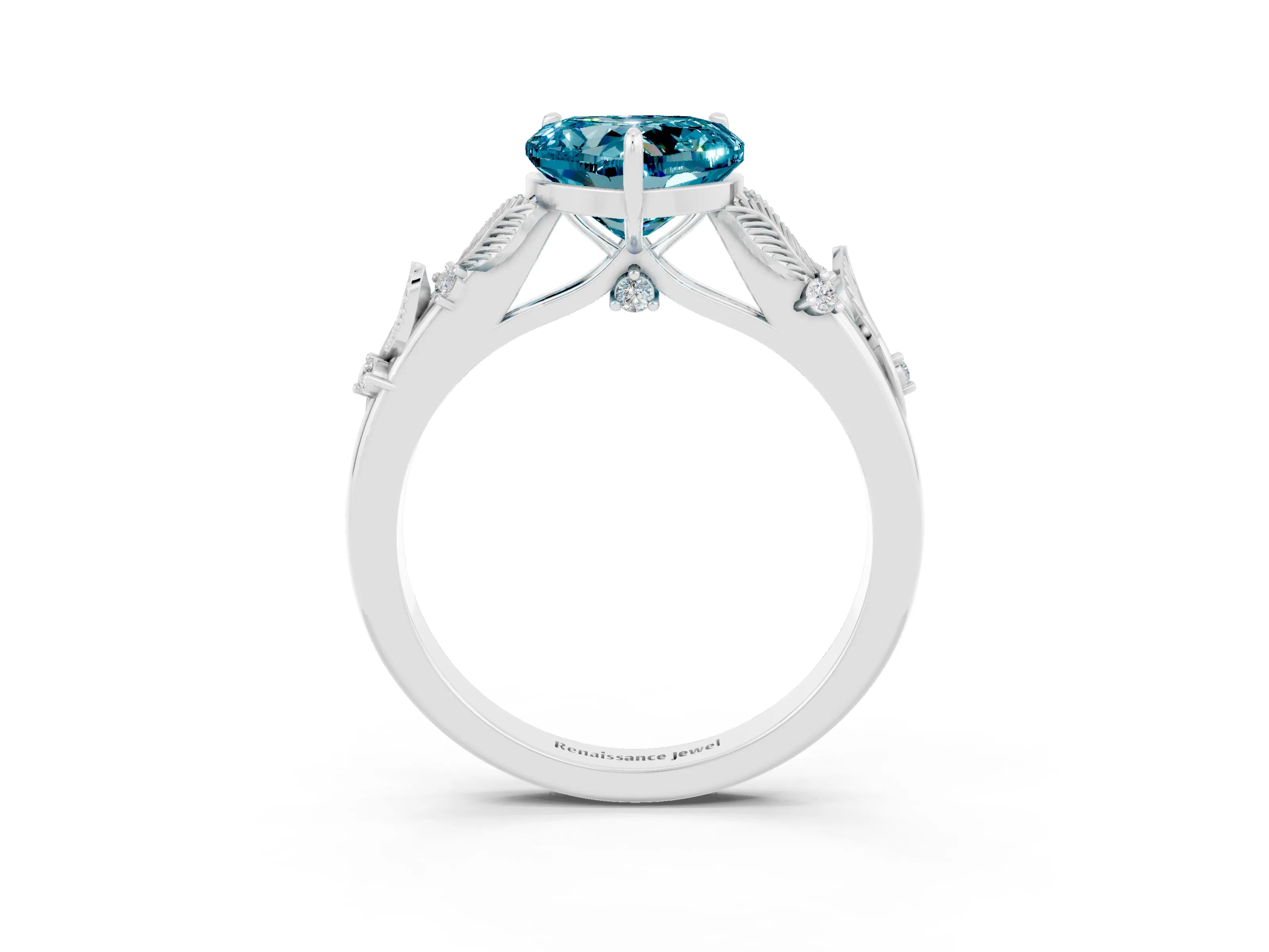 White gold Heart Cut Blue Topaz Solitaire Ring with Leaf Motif Band and Four-Prong Setting_3