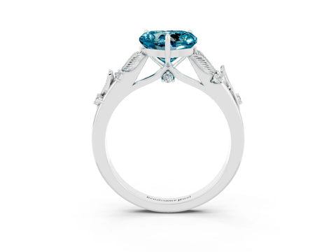 White gold Heart Cut Blue Topaz Solitaire Ring with Leaf Motif Band and Four-Prong Setting_3