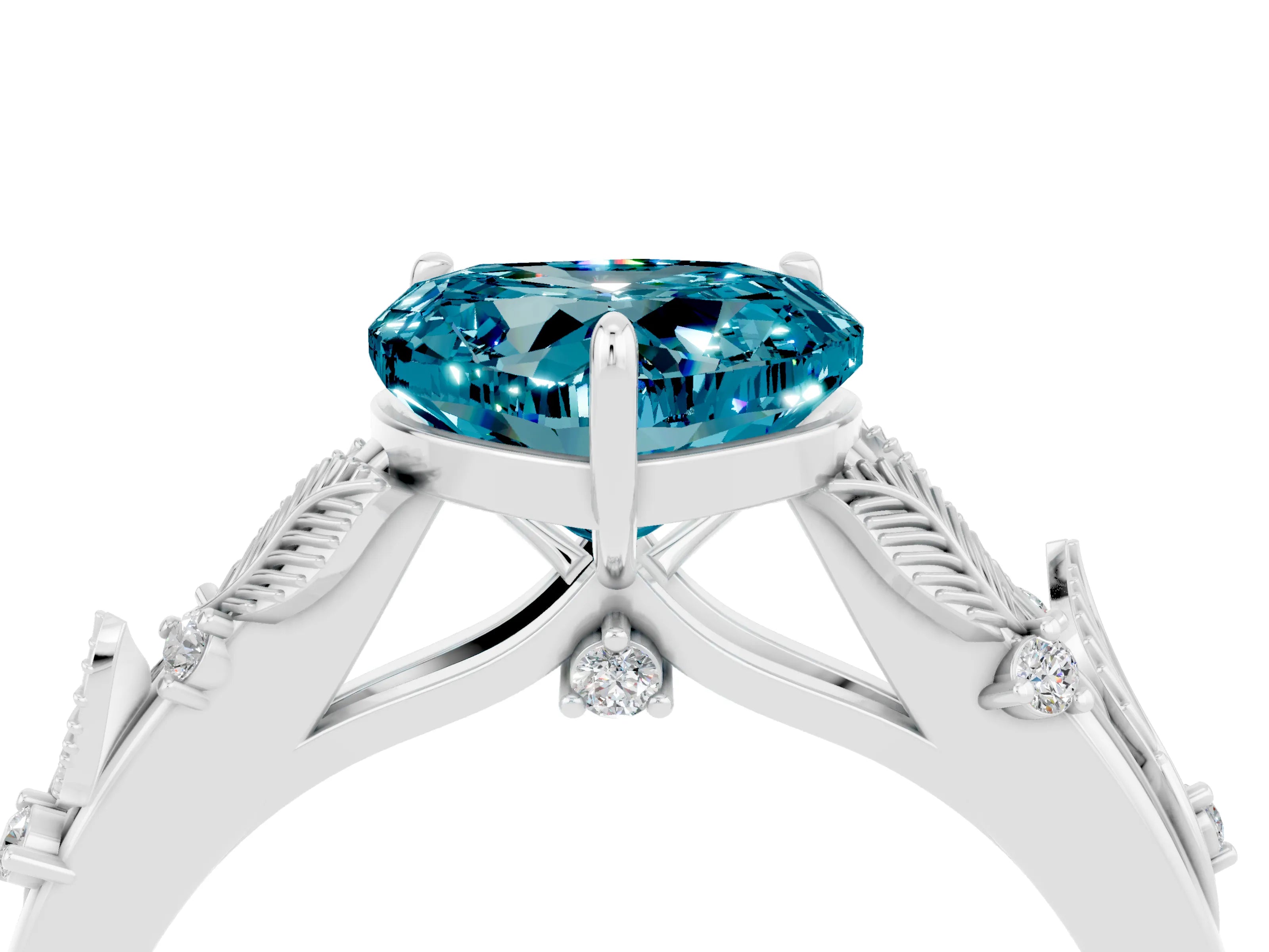 White gold Heart Cut Blue Topaz Solitaire Ring with Leaf Motif Band and Four-Prong Setting_4