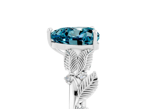 White gold Heart Cut Blue Topaz Solitaire Ring with Leaf Motif Band and Four-Prong Setting_5