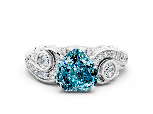 Silver Heart Cut Blue Topaz Solitaire Ring with Milgrain Pavé Band and Four-Prong Setting