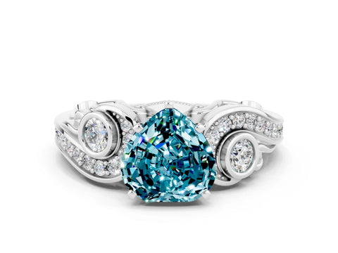 White gold Heart Cut Blue Topaz Solitaire Ring with Milgrain Pavé Band and Four-Prong Setting_12