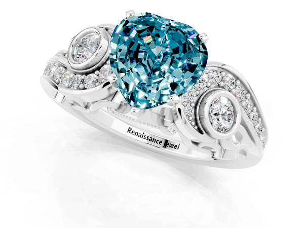 Platinum Heart Cut Blue Topaz Solitaire Ring with Milgrain Pavé Band and Four-Prong Setting