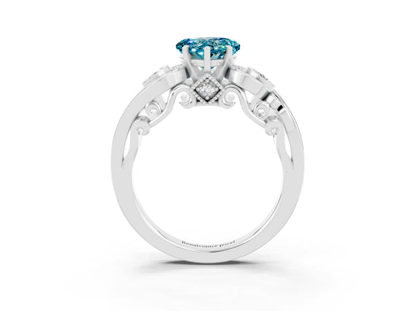 Platinum Heart Cut Blue Topaz Solitaire Ring with Milgrain Pavé Band and Four-Prong Setting