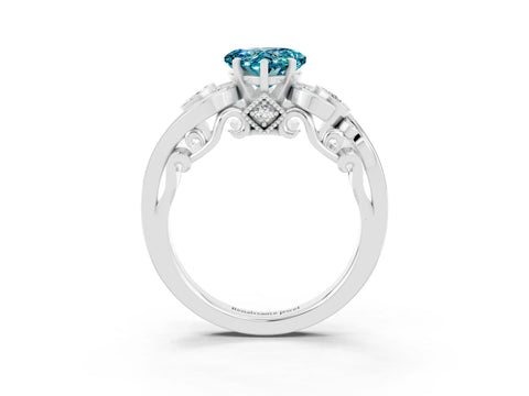 White gold Heart Cut Blue Topaz Solitaire Ring with Milgrain Pavé Band and Four-Prong Setting_15