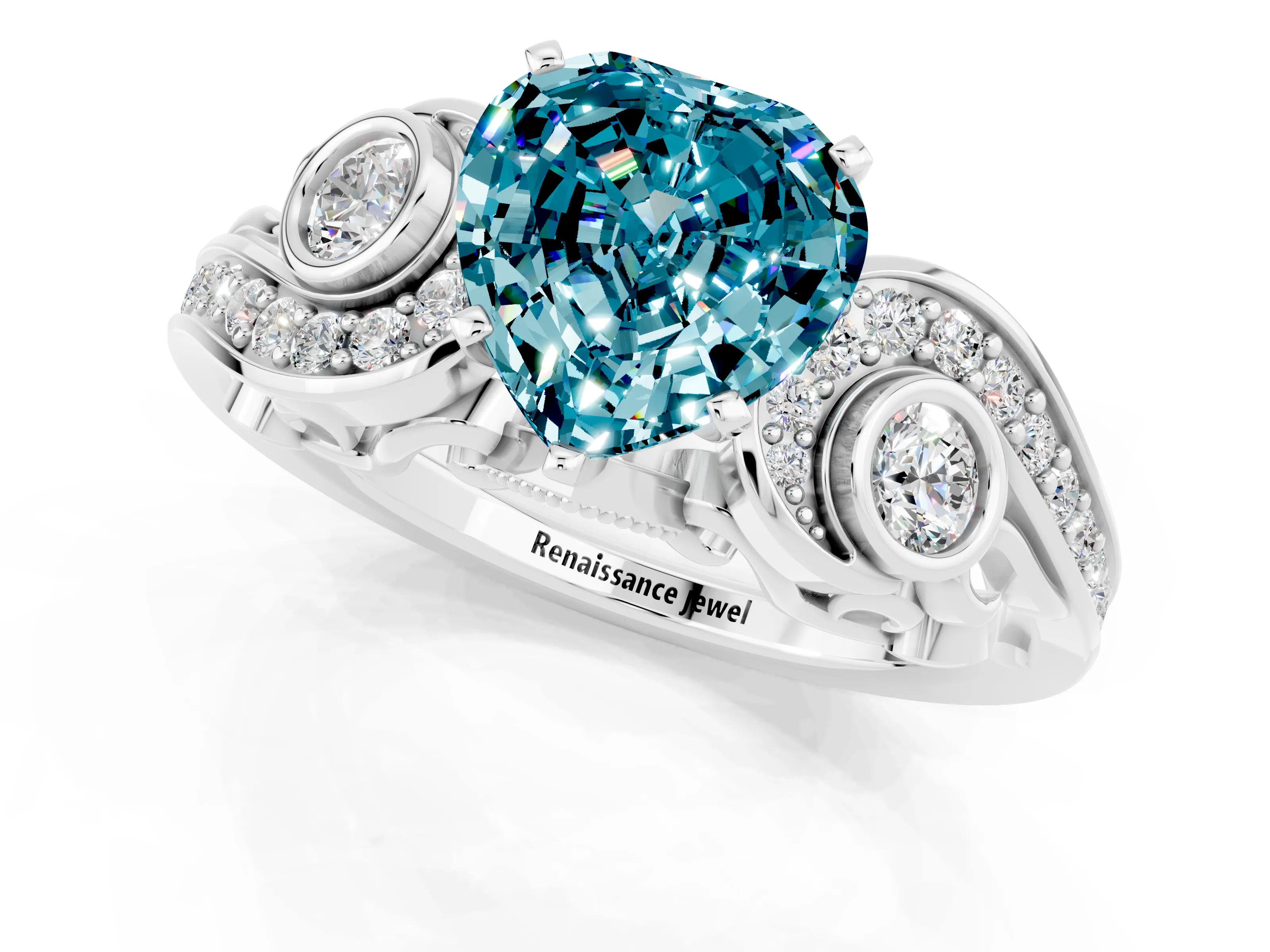 White gold Heart Cut Blue Topaz Solitaire Ring with Milgrain Pavé Band and Four-Prong Setting_49