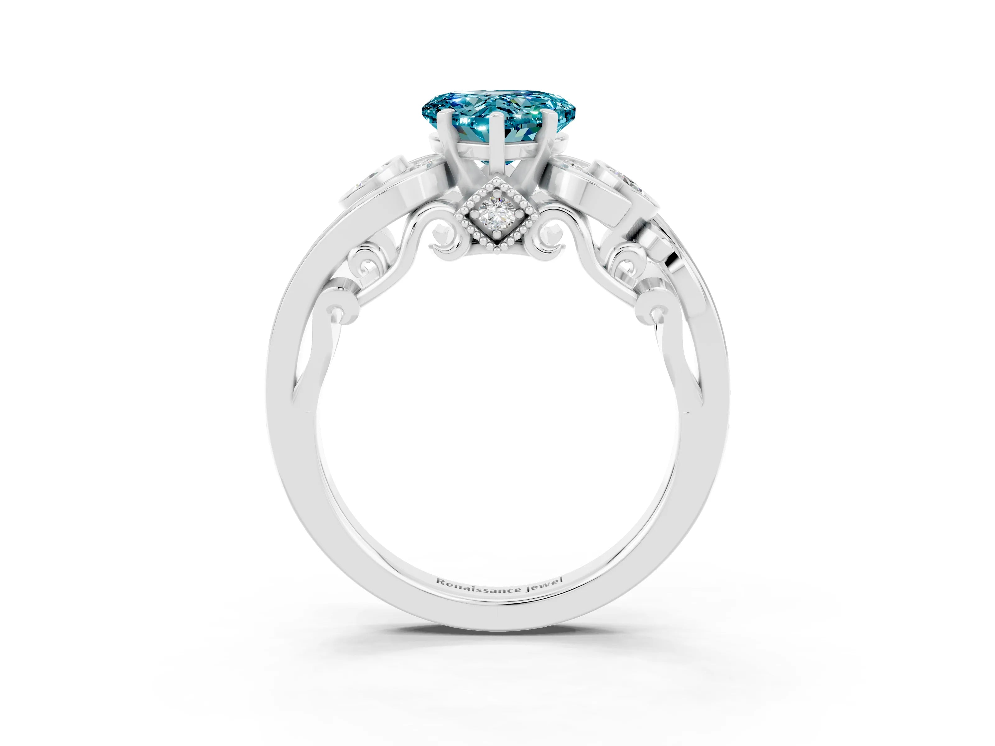 White gold Heart Cut Blue Topaz Solitaire Ring with Milgrain Pavé Band and Four-Prong Setting_51