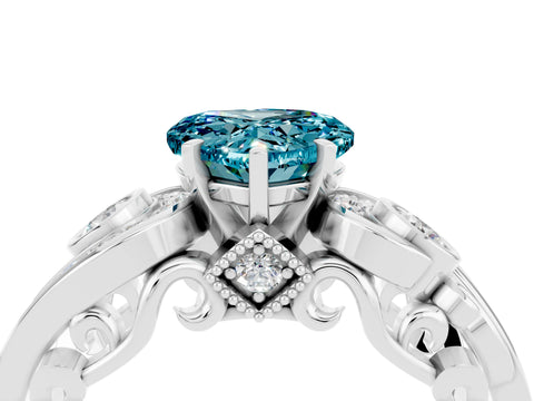 White gold Heart Cut Blue Topaz Solitaire Ring with Milgrain Pavé Band and Four-Prong Setting_52