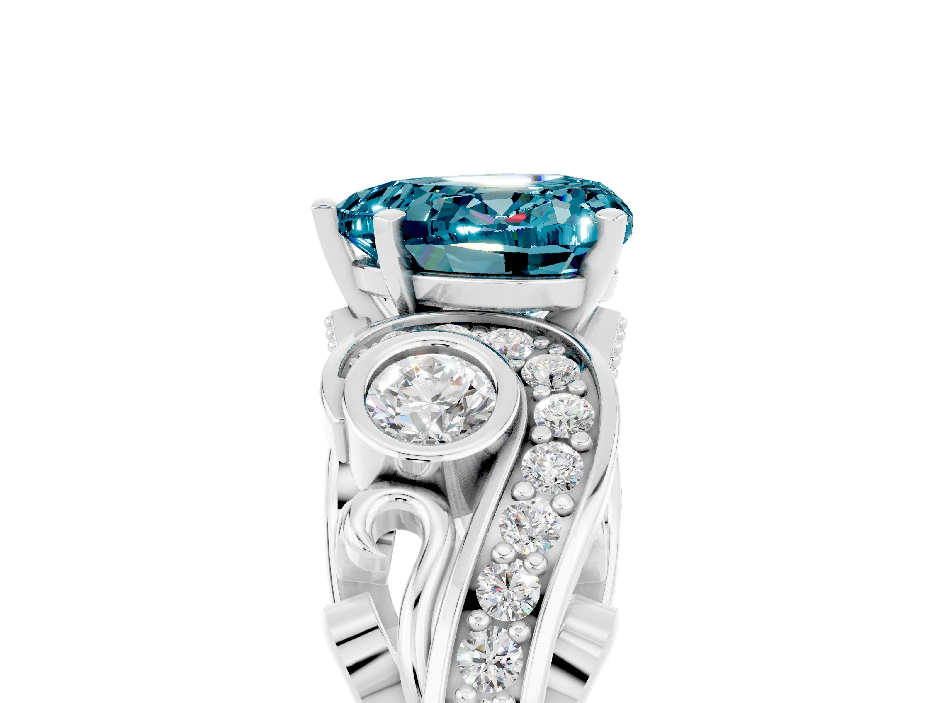 White gold Heart Cut Blue Topaz Solitaire Ring with Milgrain Pavé Band and Four-Prong Setting_53