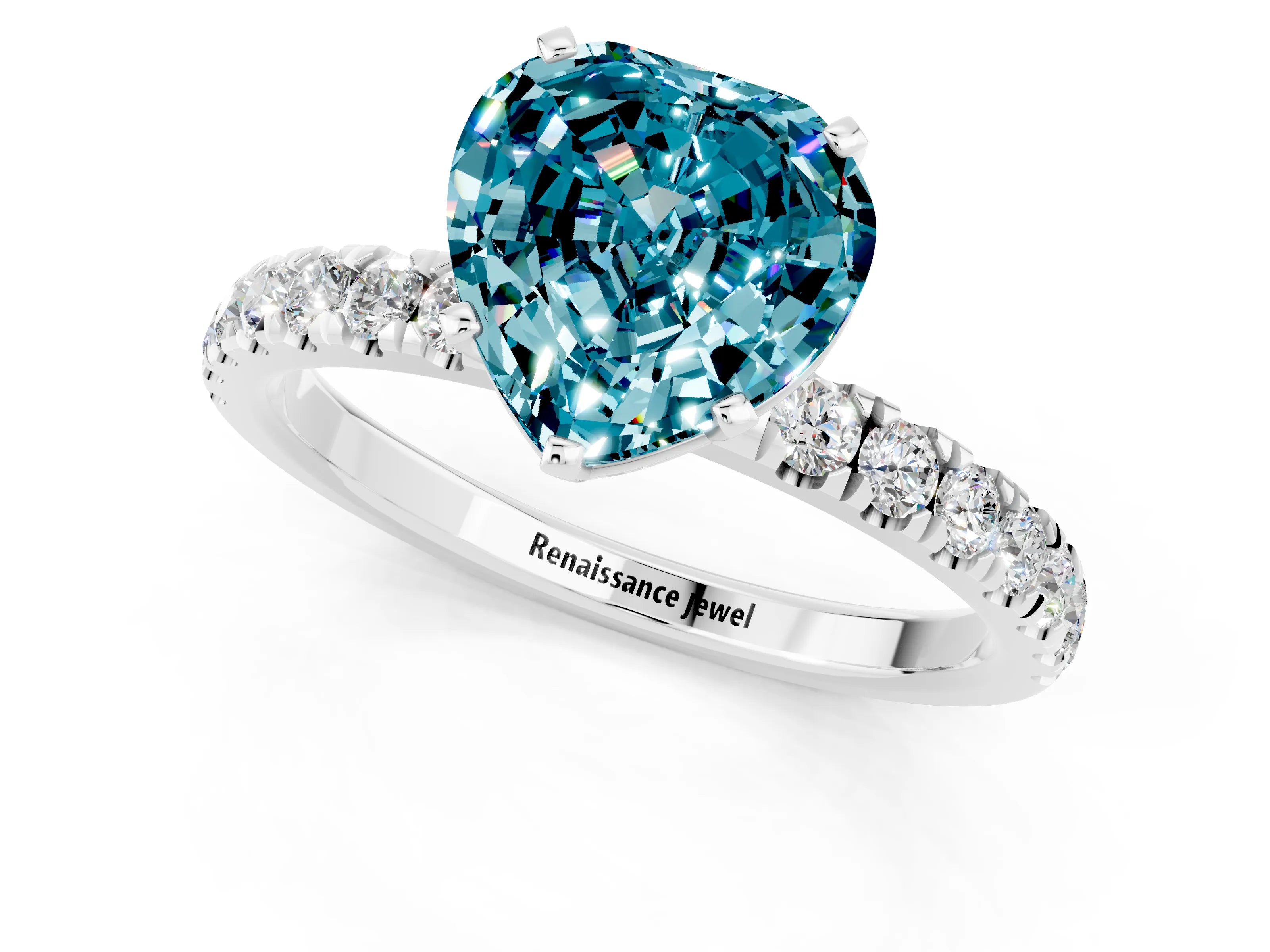 White gold Heart Cut Blue Topaz Solitaire Ring with Pavé Accents and Four-Prong Setting_1