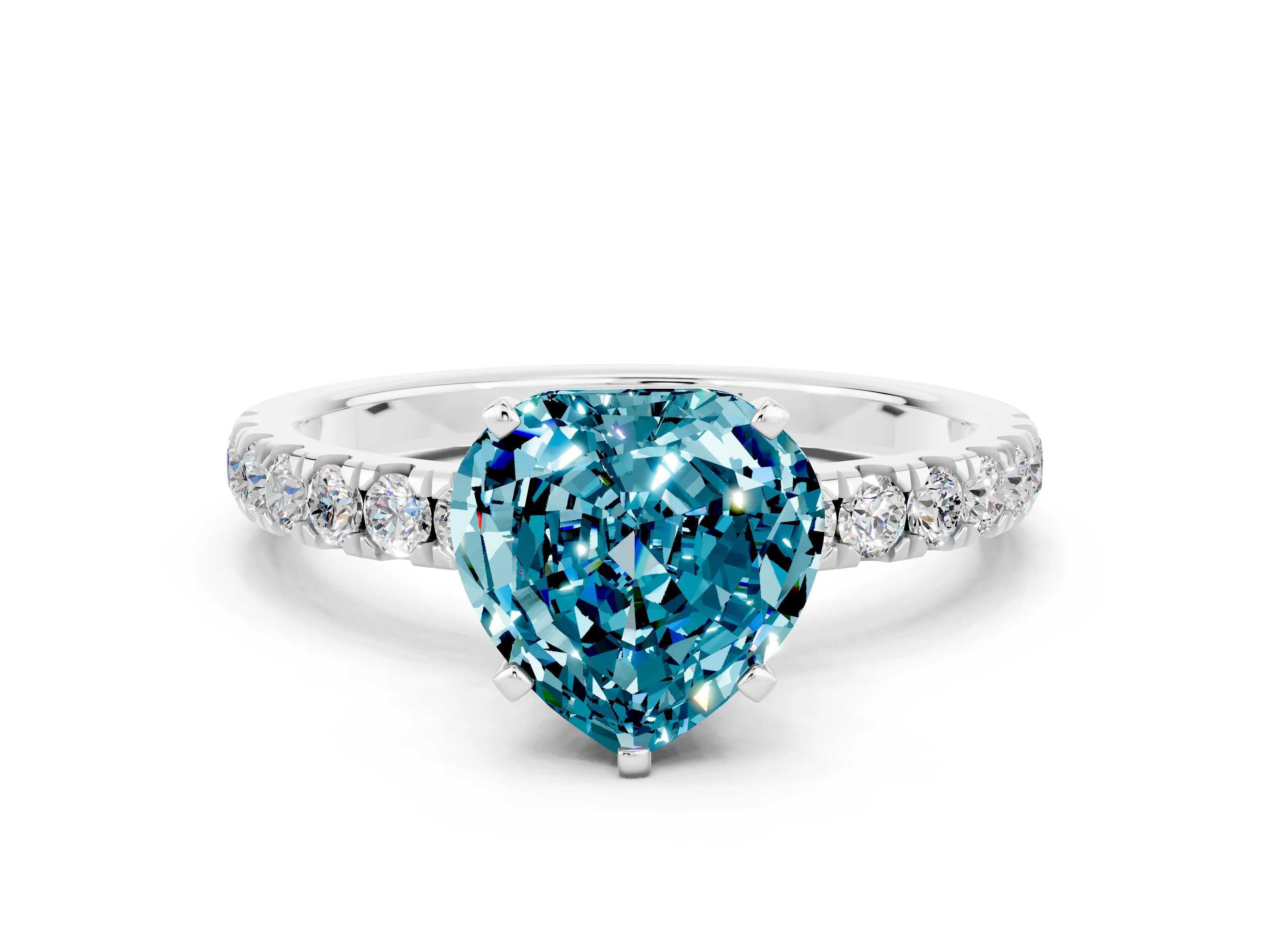 White gold Heart Cut Blue Topaz Solitaire Ring with Pavé Accents and Four-Prong Setting