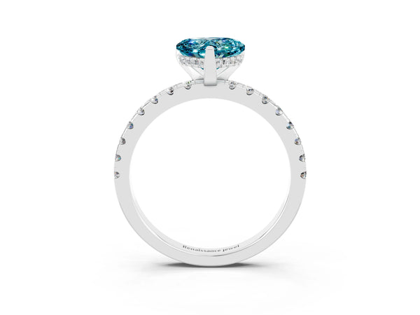 Platinum Heart Cut Blue Topaz Solitaire Ring with Round  Pavé Band and Four-Prong Setting