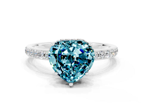 White gold Heart Cut Blue Topaz Solitaire Ring with Pavé Band and Hidden Halo_47