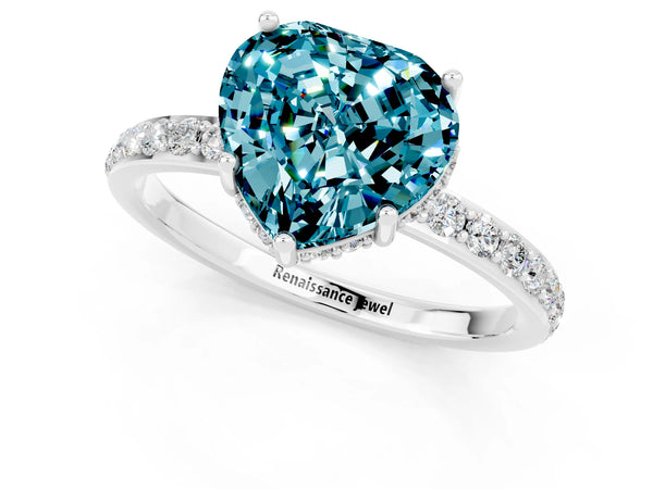 Silver Heart Cut Blue Topaz Solitaire Ring with Pavé Band and Hidden Halo