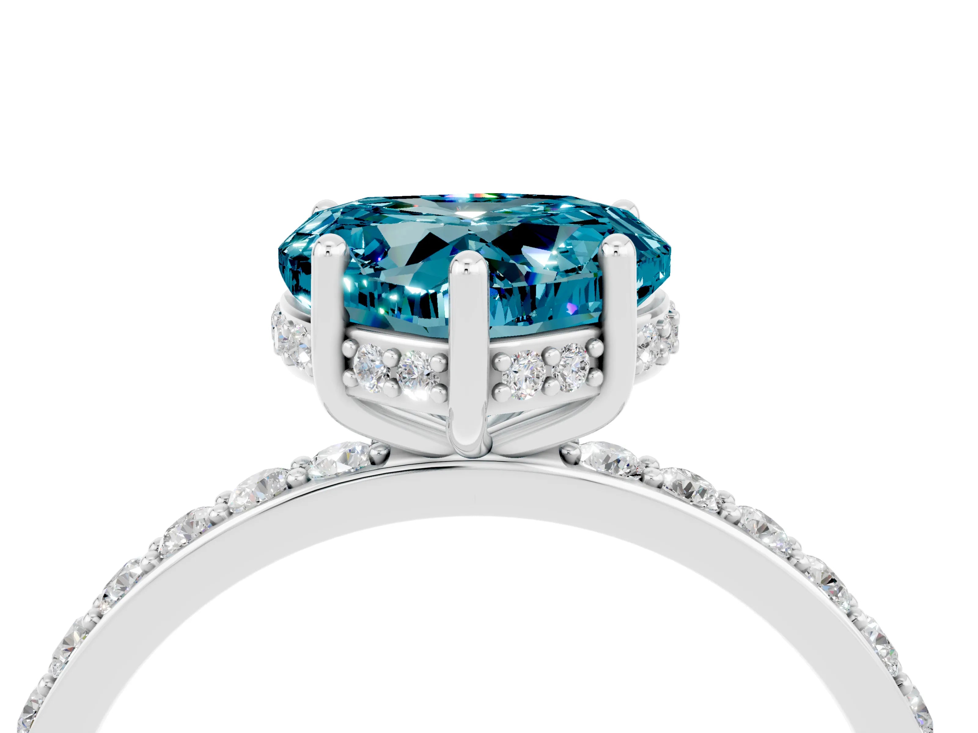 White gold Heart Cut Blue Topaz Solitaire Ring with Pavé Band and Hidden Halo_51