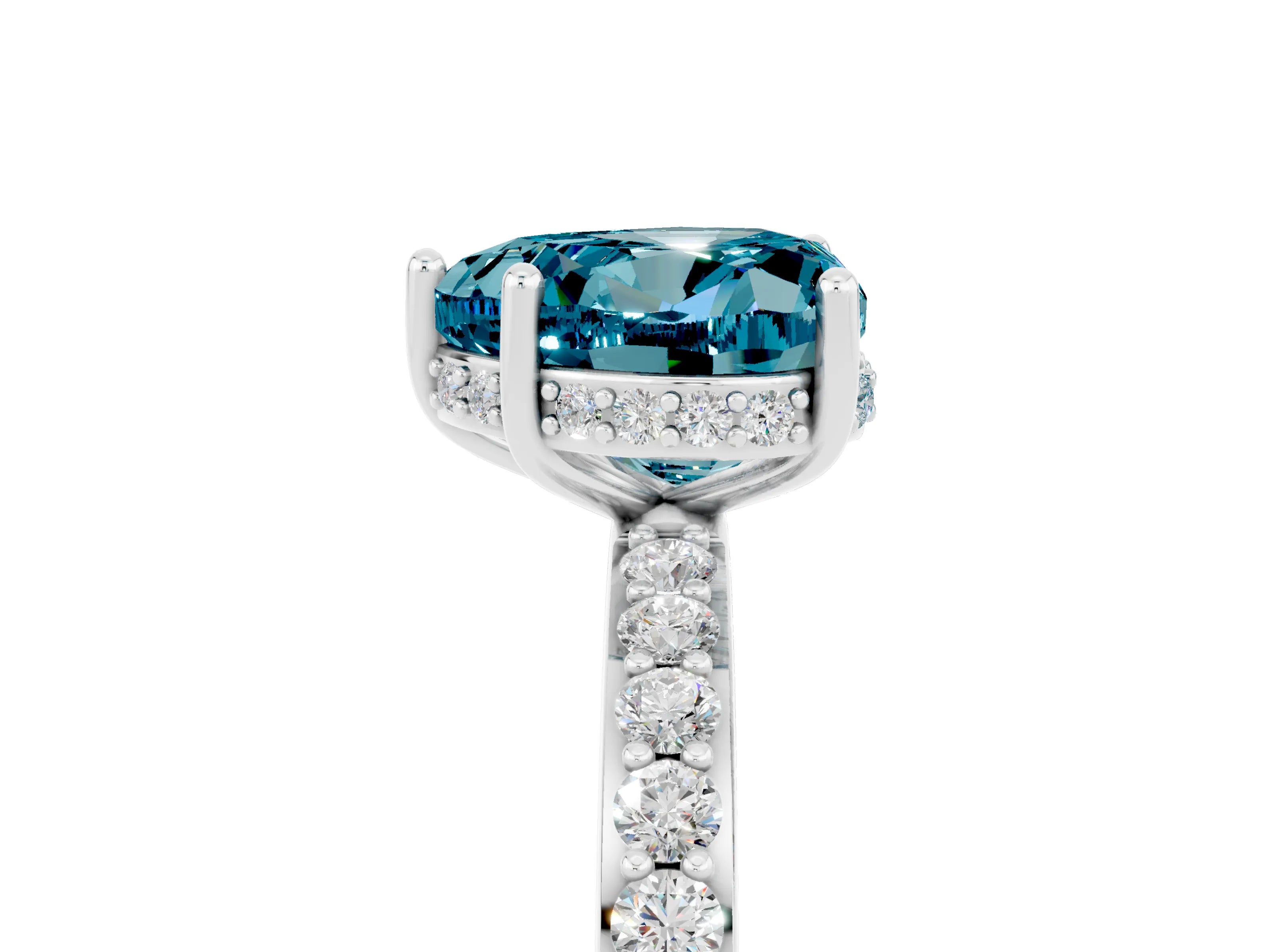 White gold Heart Cut Blue Topaz Solitaire Ring with Pavé Band and Hidden Halo_52